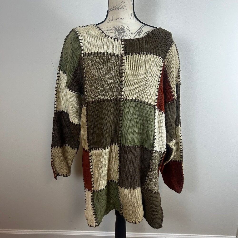 Vintage DBL Woman Patchwork Knit Sweater Womens 1X Ramie Cotton Earthy Boho 1994